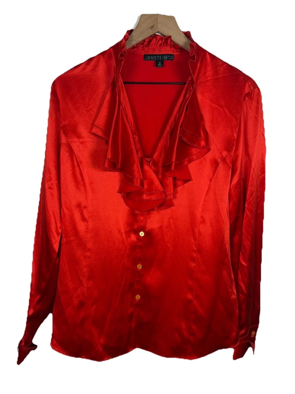 Lafayette 148 100% Silk Ruffle Front Button Up Blouse Sz 14 Red Satin Romantic